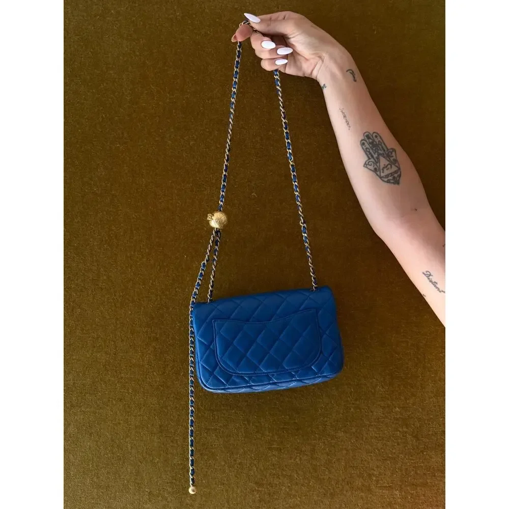 Chanel 22B Blue Lambskin Mini Square Pearl Crush Flap Bag Full Set-microchip